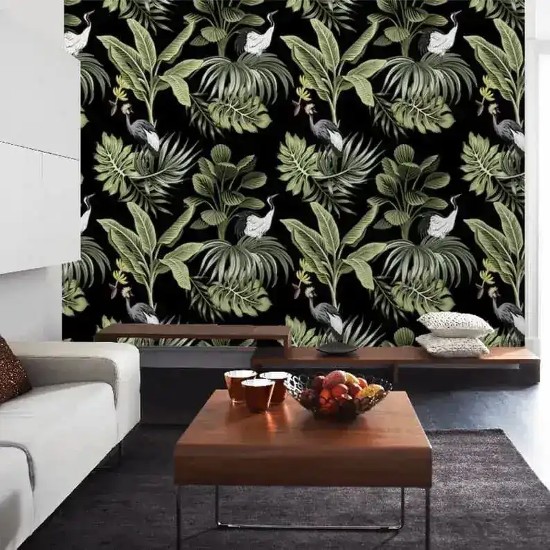White Cranes and Dark Tropical Plant Leaves Wallpaper - Image 5