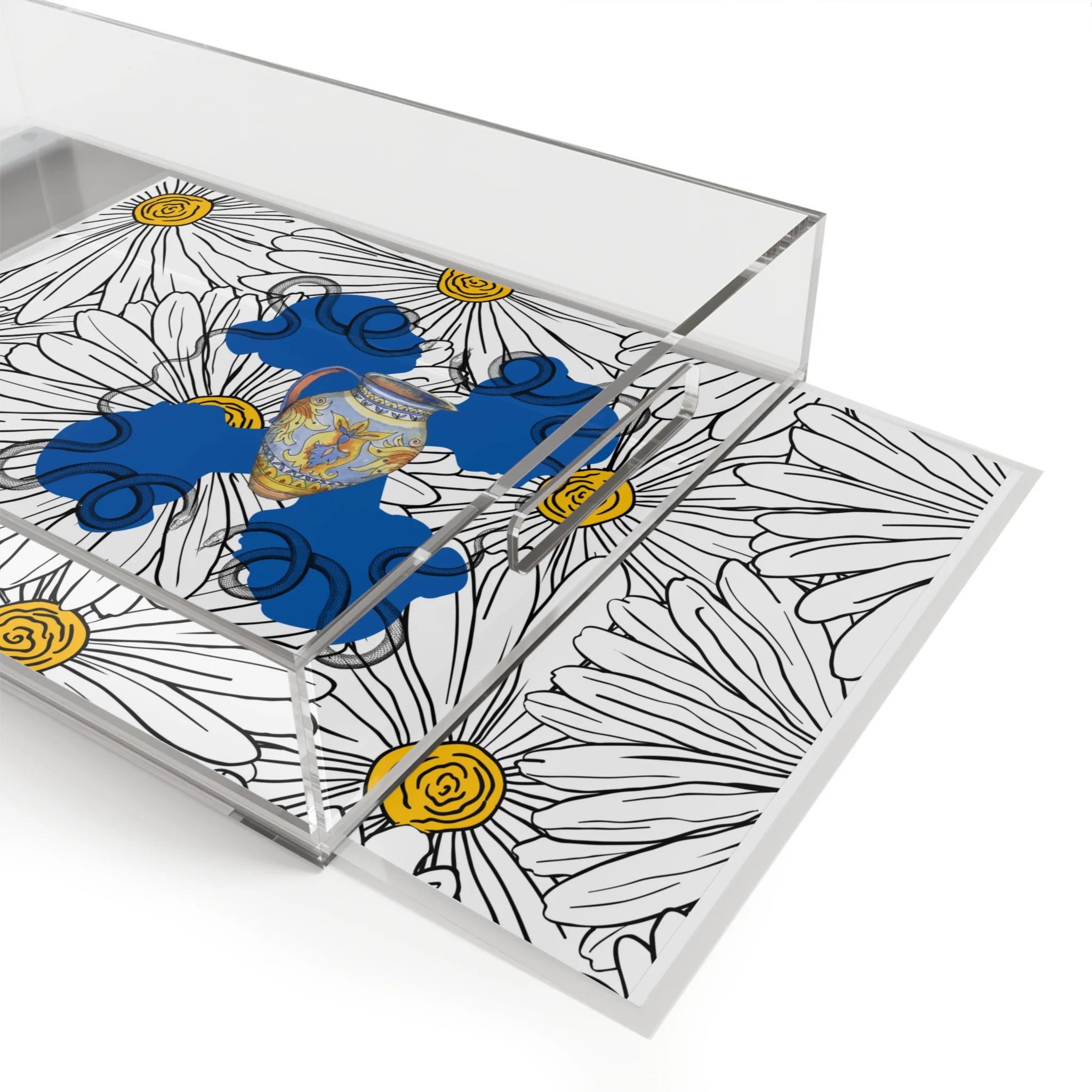 White Daisy Ladies in Blue Acrylic Serving Tray - Image 3