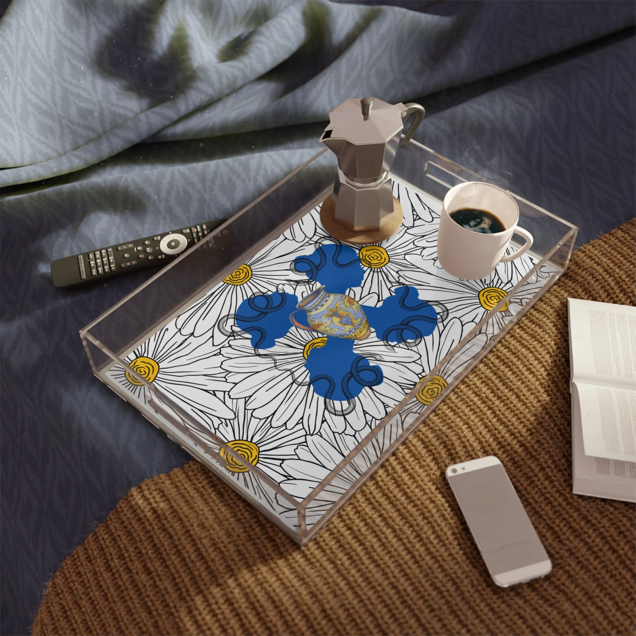 White Daisy Ladies in Blue Acrylic Serving Tray - Image 4