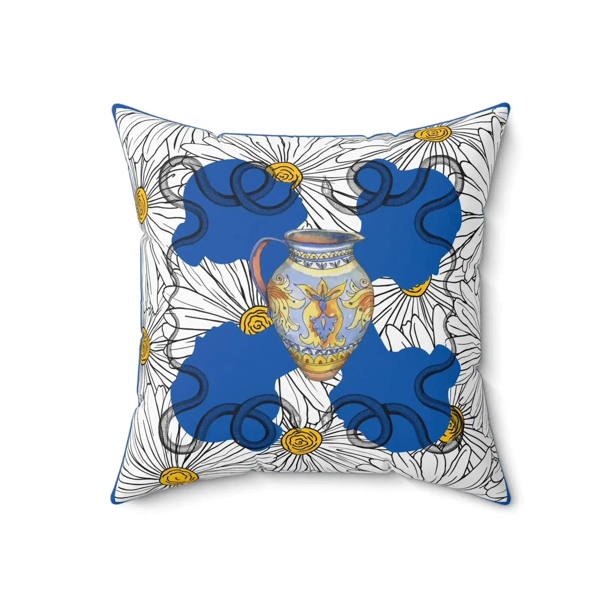 White Daisy Ladies in Blue Polyester Square Throw Pillow - Image 4