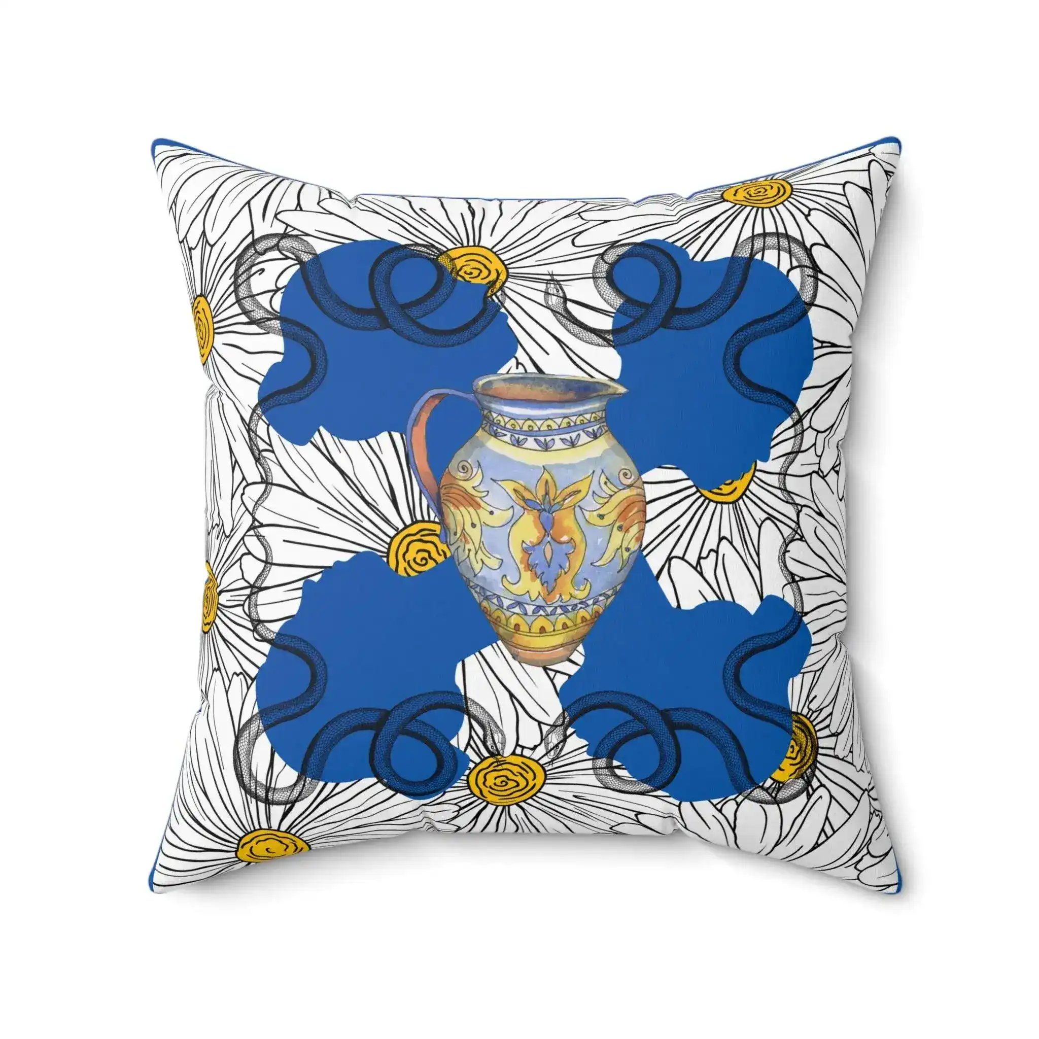 White Daisy Ladies in Blue Polyester Square Throw Pillow - Image 5