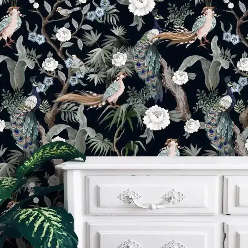 White Flowers and Peacocks on Dark Floral Wallpaper - Image 3