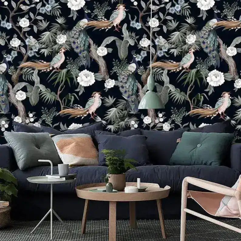 White Flowers and Peacocks on Dark Floral Wallpaper - Image 4