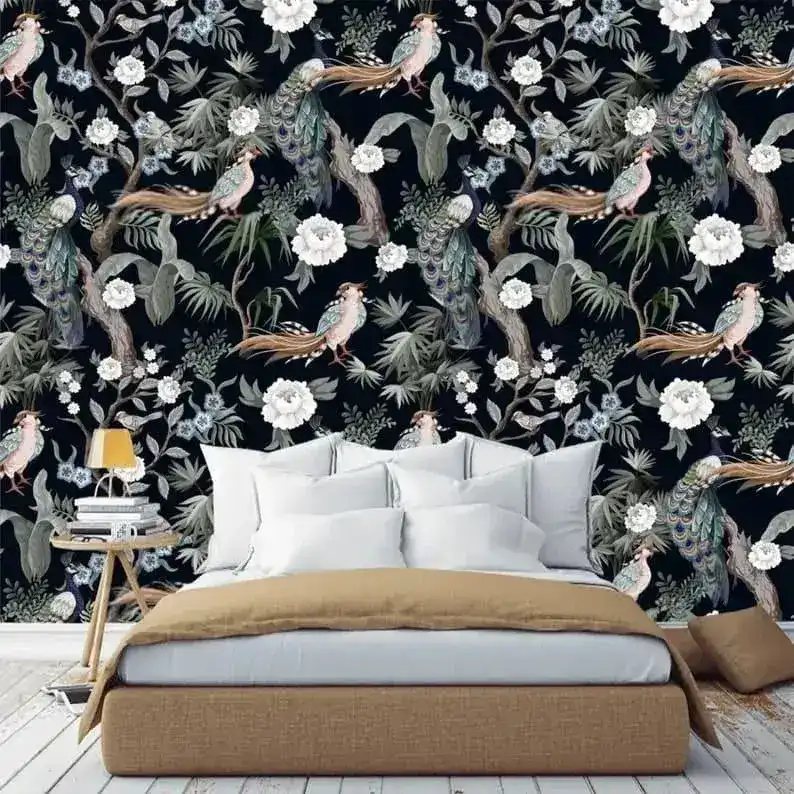 White Flowers and Peacocks on Dark Floral Wallpaper - Image 5