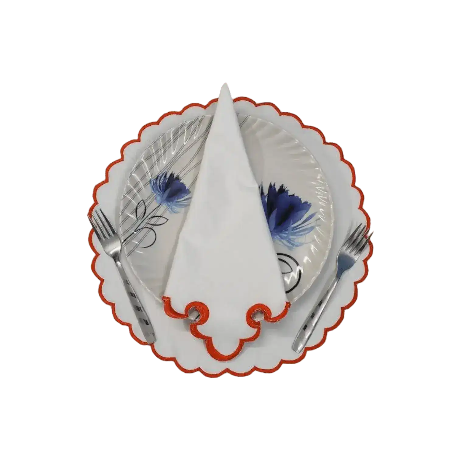 White Round Cotton Placemat and Napkin with Embroidered Border - Image 4