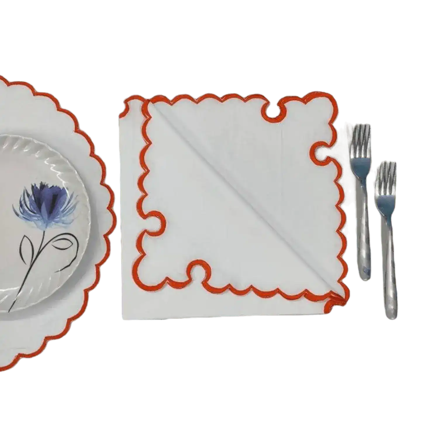 White Round Cotton Placemat and Napkin with Embroidered Border - Image 8