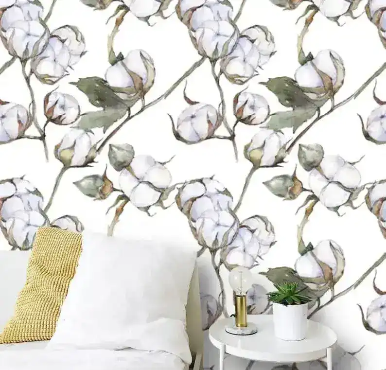 White Watercolor Cotton Flowers Wallpaper - Image 2