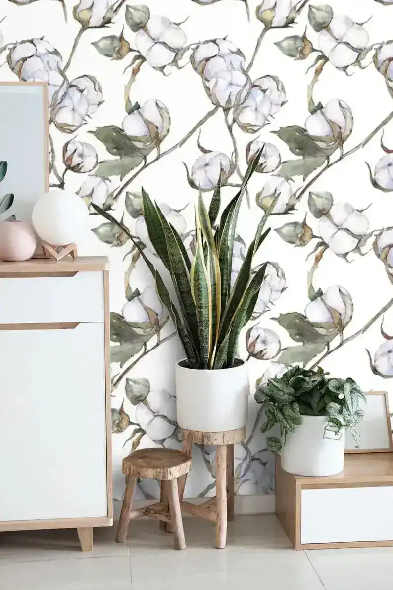 White Watercolor Cotton Flowers Wallpaper - Image 3