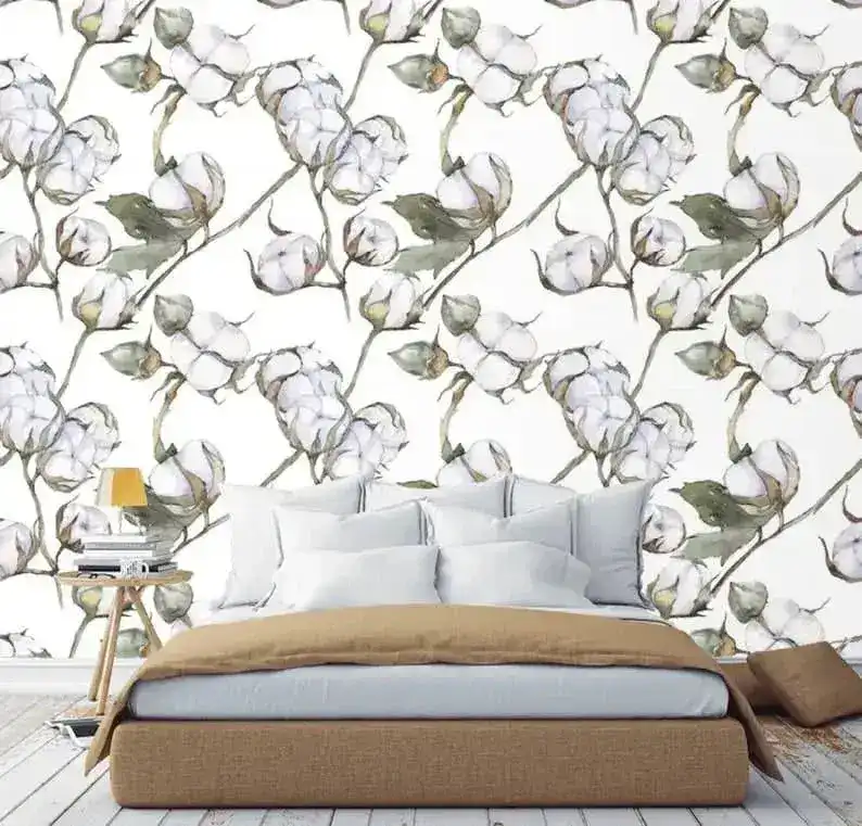 White Watercolor Cotton Flowers Wallpaper - Image 4