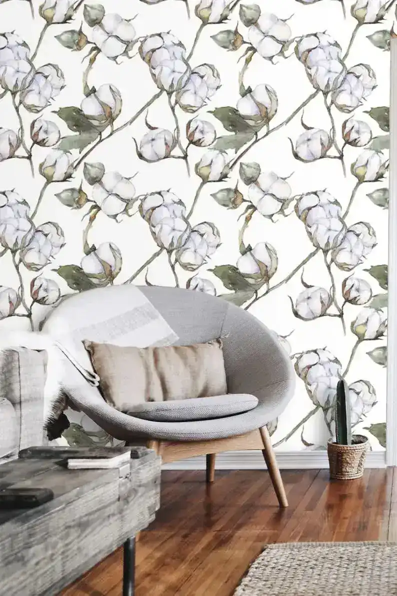 White Watercolor Cotton Flowers Wallpaper - Image 5