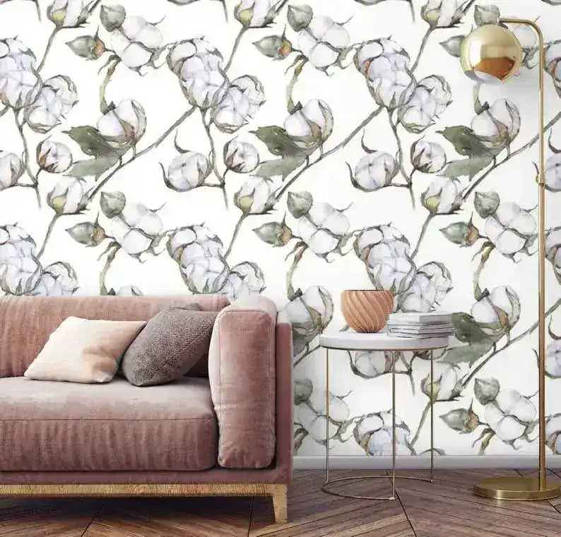White Watercolor Cotton Flowers Wallpaper - Image 7