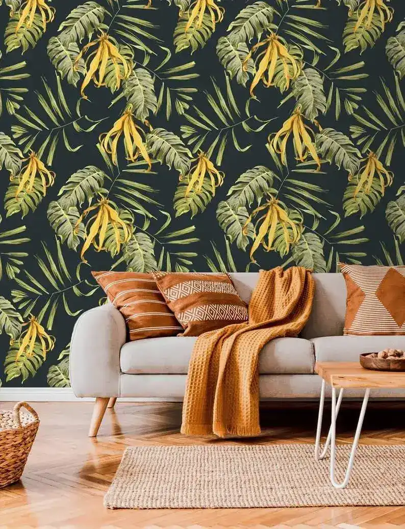Yellow and Green Large Leaves Tropical Wallpaper - Image 2