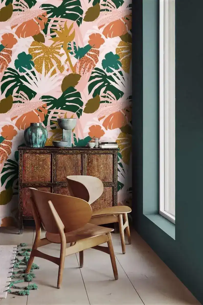 Yellow and Pink Vibrant Tropical Monstera Wallpaper - Image 6